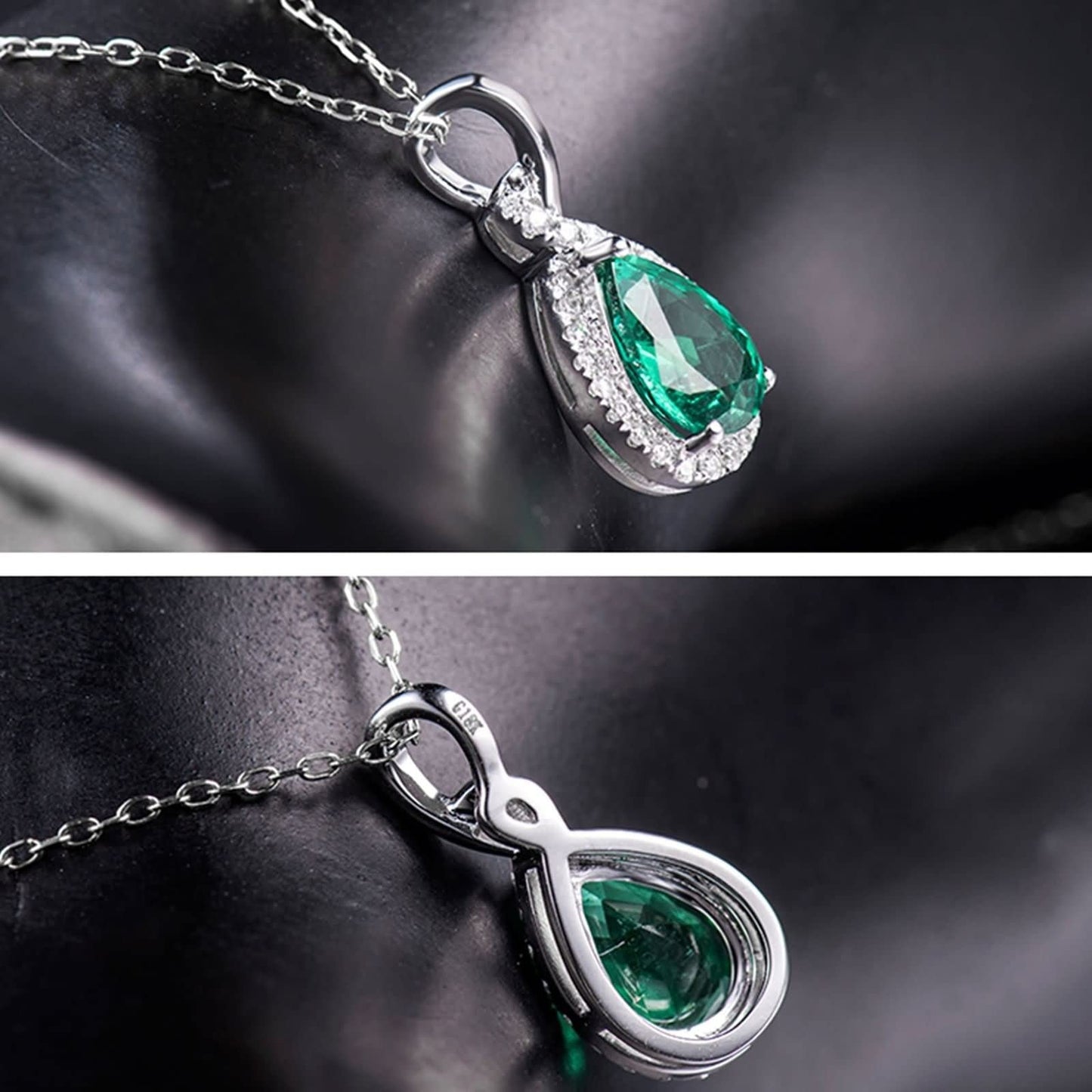 WHOIY Real Gold Jewellery White Gold 18K Women's Tear Drop Chain Long Women's with Pendant with Green Emerald 1.22 Carat Gift for Valentine's Day Engagement Birthday Christmas Silver