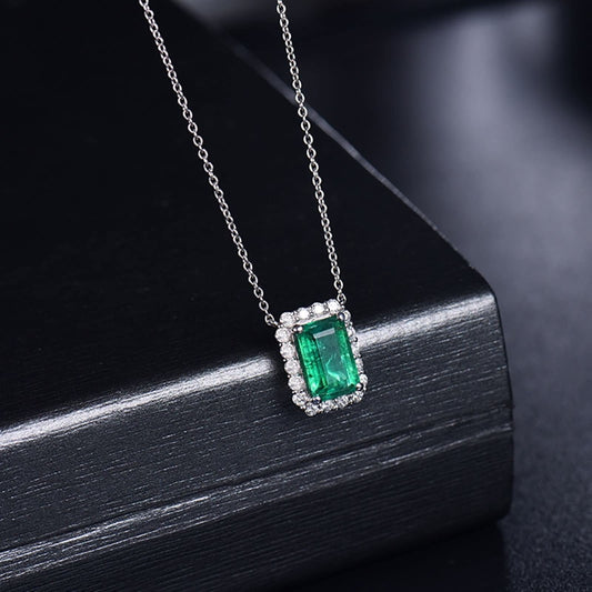 WHOIY Real Gold Jewellery 18K White Gold Necklace Women's Sensitive Pendant Women's Necklace with Green Emerald 1.9 Carat, Fine Women Jewellery, Birthday Gifts for Wife, White Gold