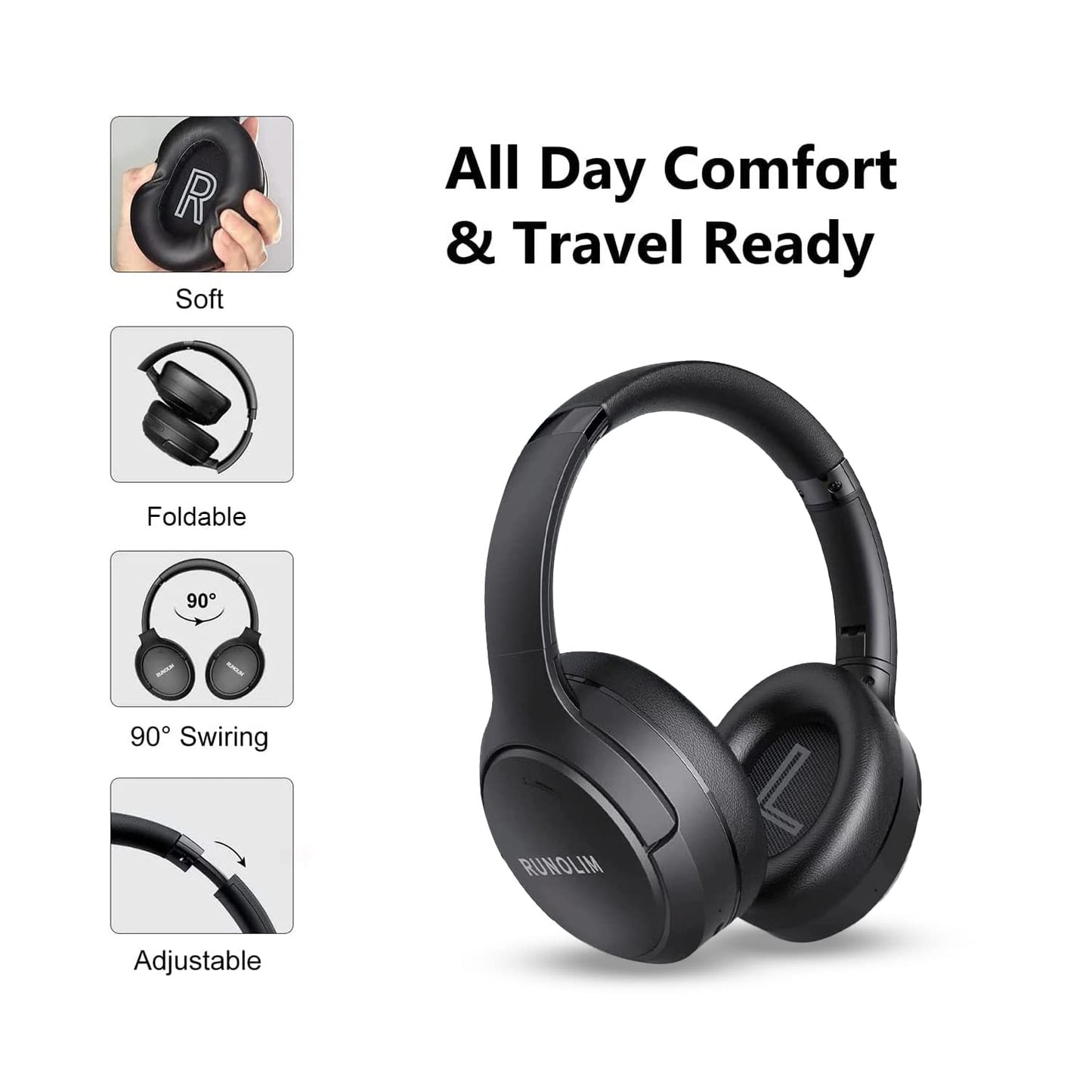 RUNOLIM Hybrid Active Noise Cancelling Headphones, Wireless Over Ear Bluetooth Headphones with Microphone, 70H Playtime, Foldable Wireless Headphones with HiFi Audio, Deep Bass for Home Travel Office