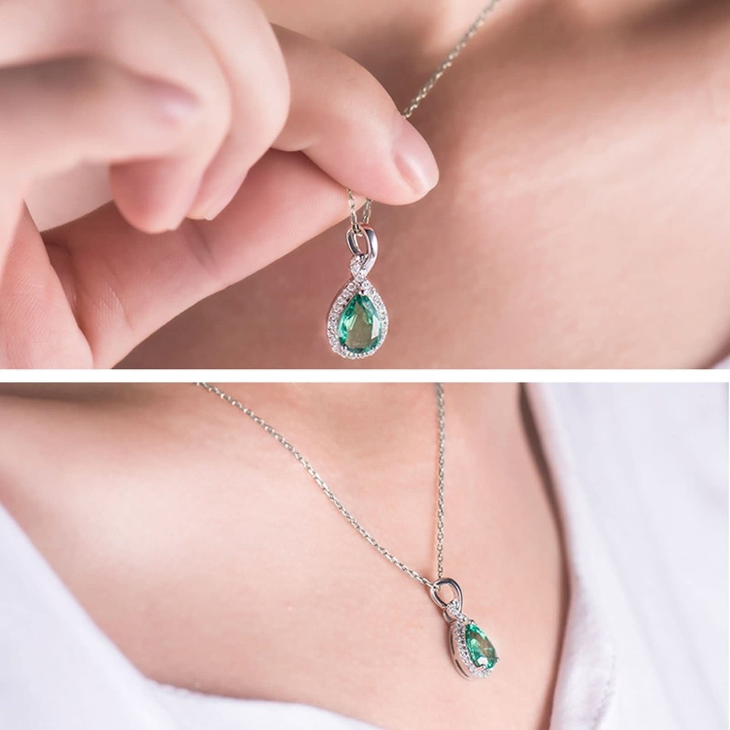 WHOIY Real Gold Jewellery White Gold 18K Women's Tear Drop Chain Long Women's with Pendant with Green Emerald 1.22 Carat Gift for Valentine's Day Engagement Birthday Christmas Silver