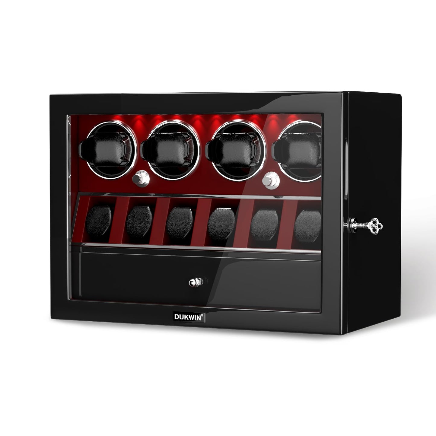 DUKWIN Watch Winder for 2/4/6/8 Automatic Watches,Lockable Watch Winders with Watch and Jewelry Storages, Super Quiet Mabuchi Motor with High-Gloss Piano Lacquer Finish,Built-in Illumination