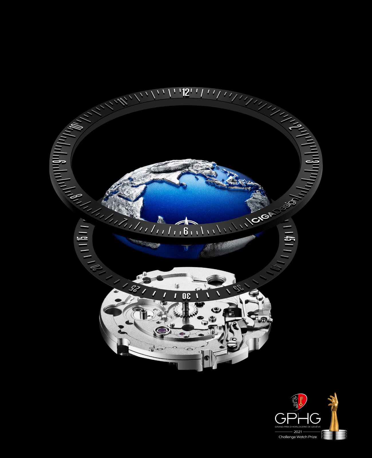 CIGA Design Mechanical Automatic Watch Blue Planet II Luminous Edition U Series Stainless Steel/Titanium Sapphire Crystal for Men and Women with Fluororubber Strap