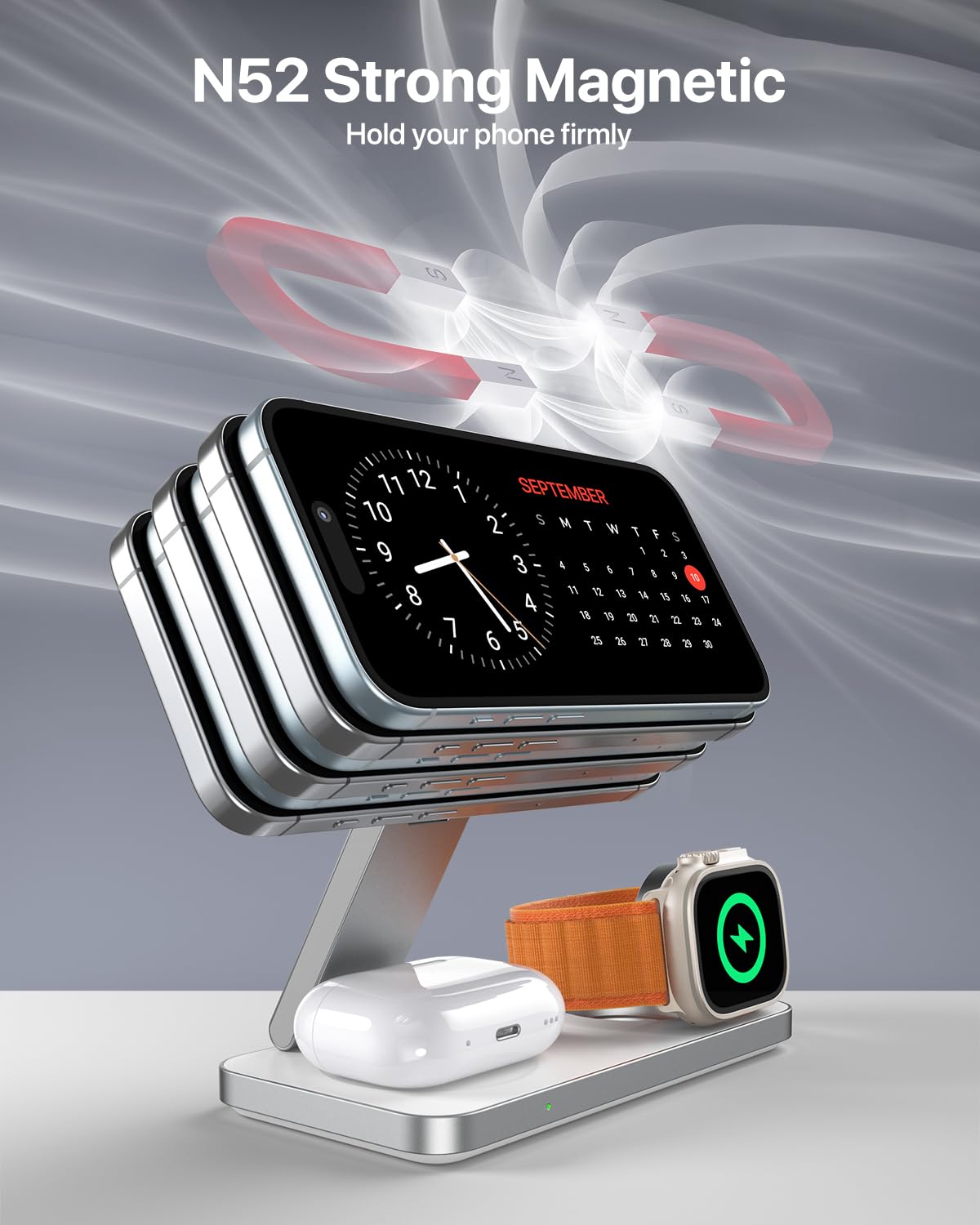 EXW 3 in 1 Magnetic Wireless Charging Station,Fast Wireless Charger for iphone 16/15/14/13/12,Charging Station for Apple Watch and AirPods(Adapter Included) White