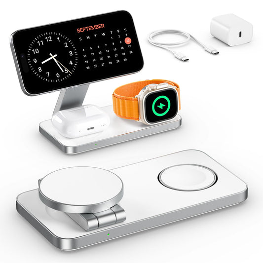 EXW 3 in 1 Magnetic Wireless Charging Station,Fast Wireless Charger for iphone 16/15/14/13/12,Charging Station for Apple Watch and AirPods(Adapter Included) White