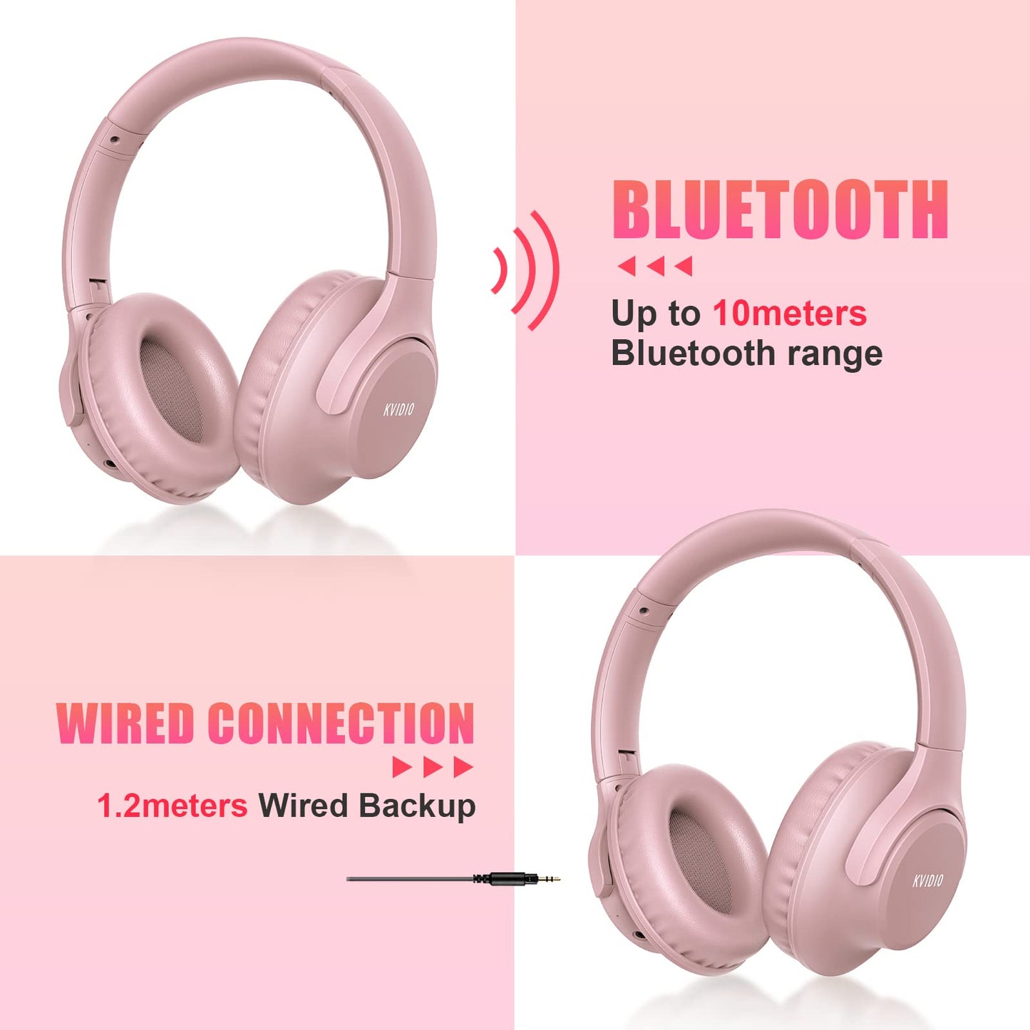 KVIDIO Bluetooth Headphones Over Ear, 65 Hours Playtime Wireless Headphones with Microphone, Foldable Lightweight Headset with Deep Bass,HiFi Stereo Sound for Travel Work PC Cellphone (Pink)
