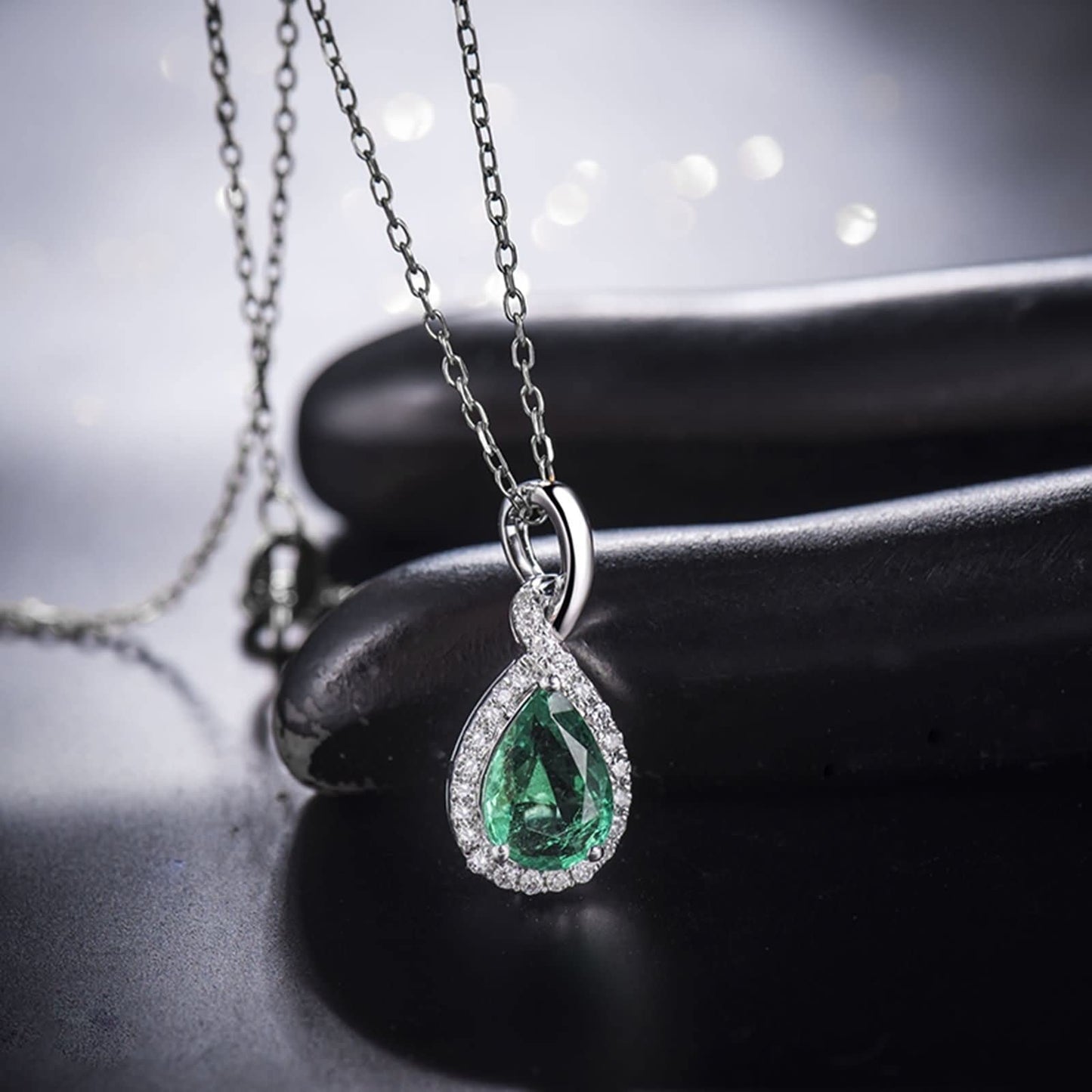 WHOIY Real Gold Jewellery White Gold 18K Women's Tear Drop Chain Long Women's with Pendant with Green Emerald 1.22 Carat Gift for Valentine's Day Engagement Birthday Christmas Silver