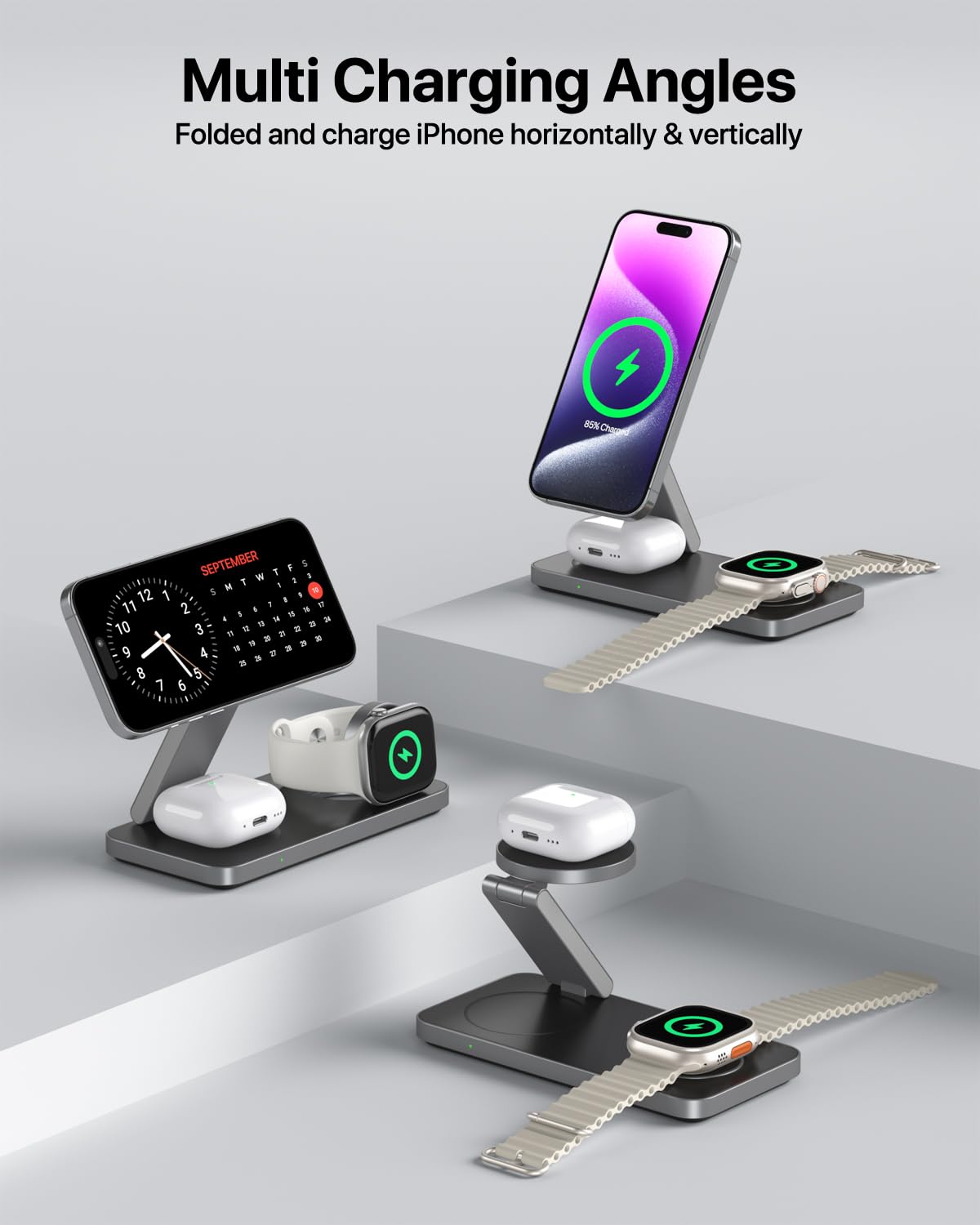 Keepro 3 in 1 Wireless Charging Station for iPhone Magnetic Portable, Fast Wireless Charger Stand for iPhone 16/15/14/13/12, AirPods Pro 4 3 2 Apple Watch (Adapter Included)-Black