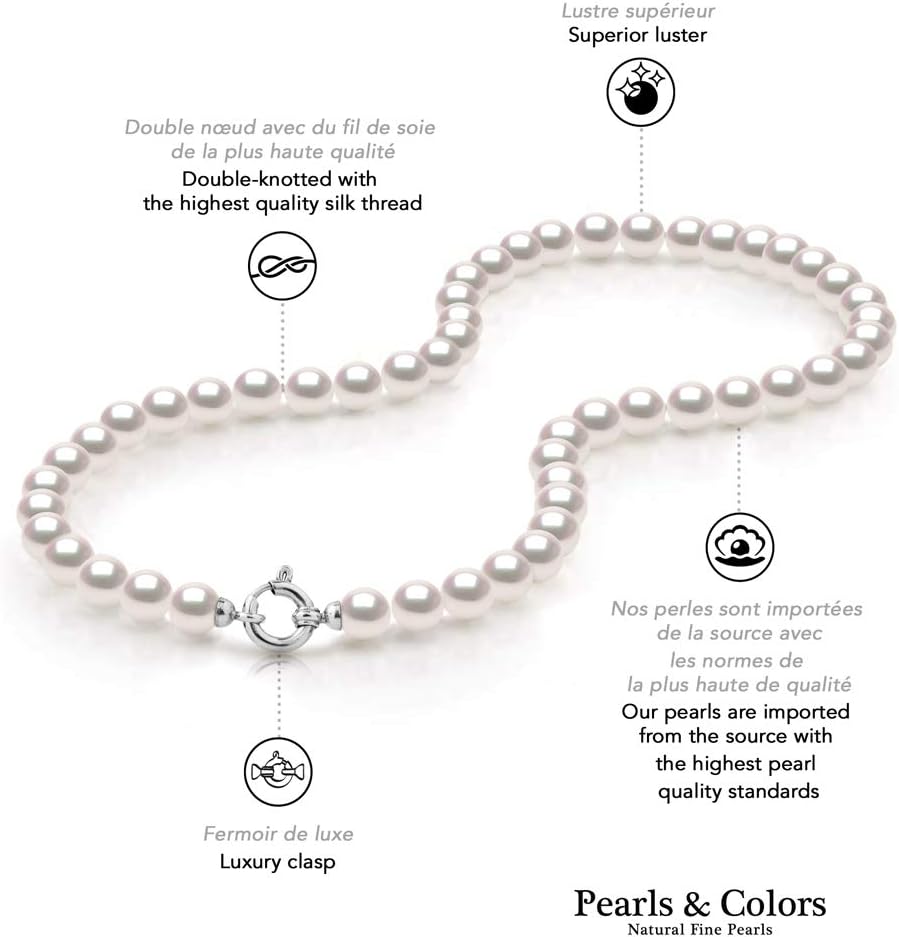 PEARLS & COLORS - Genuine Japanese Akoya Round Cultured Pearl Necklace - AA+ Quality - White Gold 750 (18 K) Prestige Marine Ring Clasp - Women's Jewellery