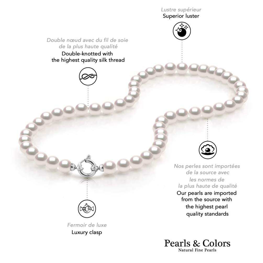 PEARLS & COLORS - Genuine Japanese Akoya Round Cultured Pearl Necklace - AA+ Quality - White Gold 750 (18 K) Prestige Marine Ring Clasp - Women's Jewellery