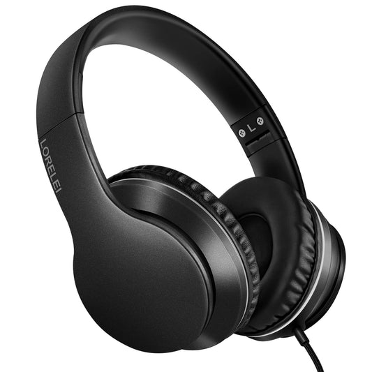 LORELEI X6 Over-Ear Headphones With Microphone, Lightweight Foldable & Portable Stereo Bass With 1.45M No-Tangle, Wired for Smartphone Tablet MP3/4 (Space Black)