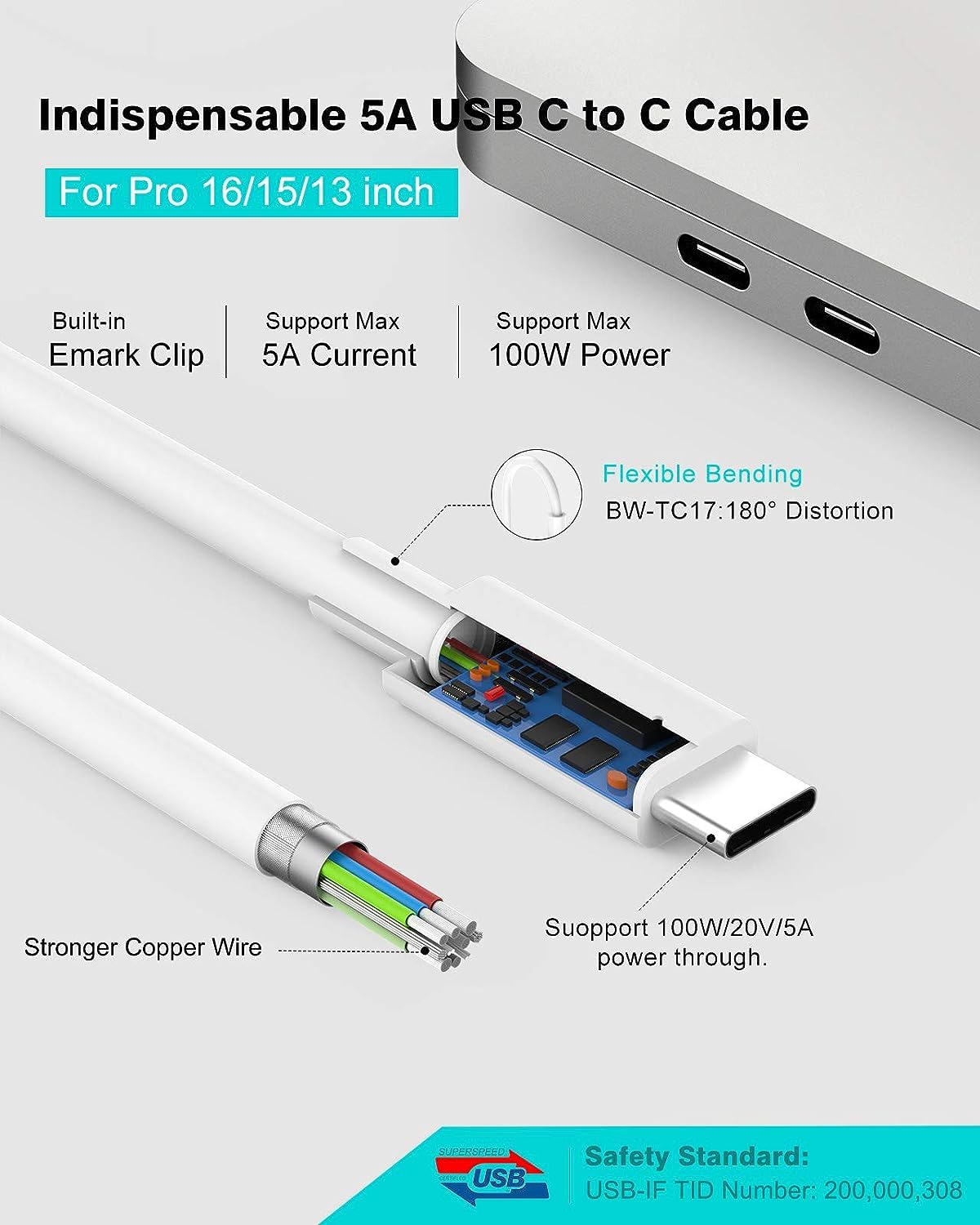 96W Mac Charger Compatible with MacBook Air MacBook Pro 13 14 15 16 inch 2024 2023 2022 2021 2020, M1 M2 M3 Mac Laptop, iPad M4 M2, Type C Fast Power Adapter with 2M/6.6FT MacBook Charger Cable USB C