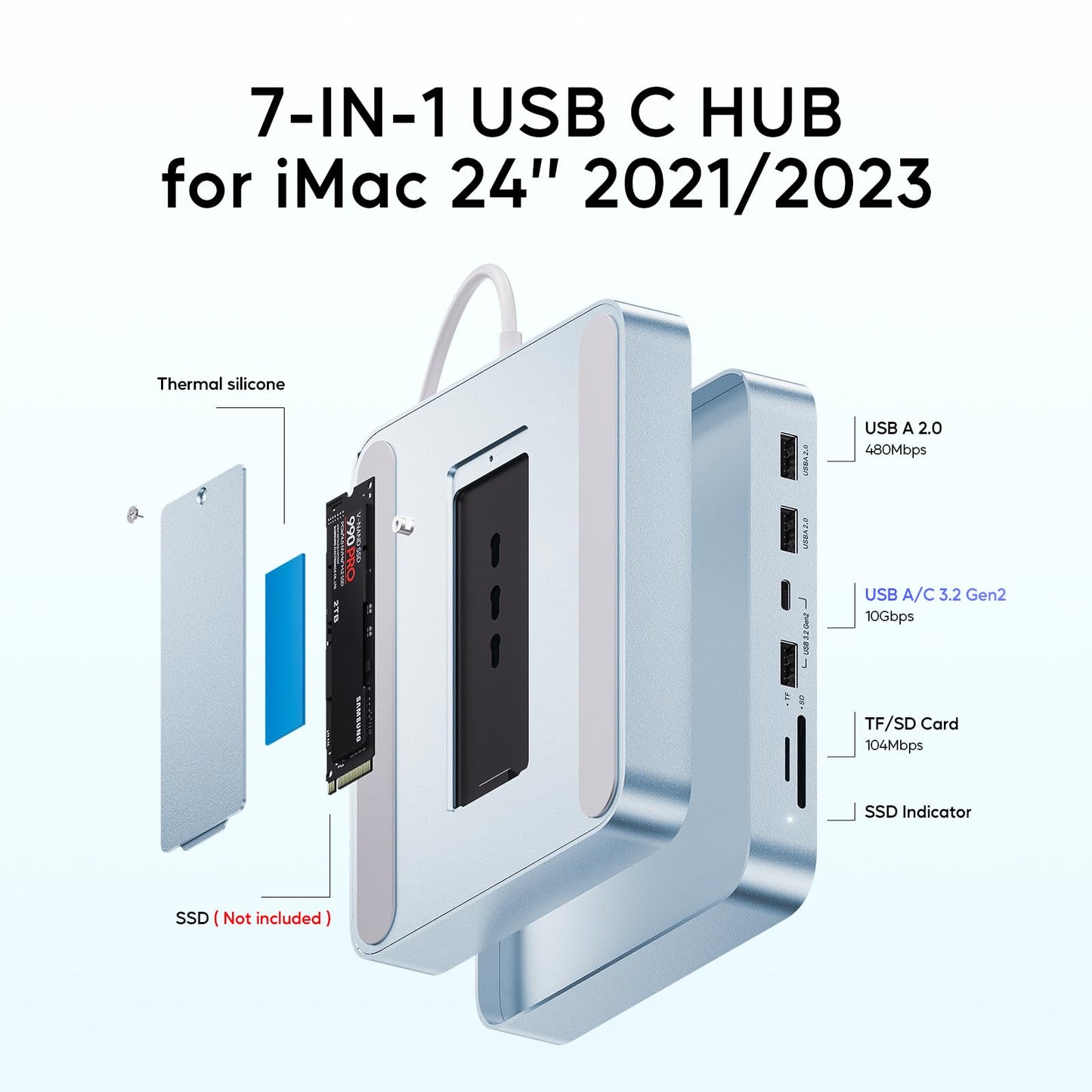 PULWTOP USB C HUB for iMac 24 inch 2021/2023/2024, 7 in 1 USB Hub Adapter iMac Accessories for iMac M1/M3/M4 with USB C/A SD/TF, Docking Station Support Expand M.2 SSD (NOT Included) - Blue