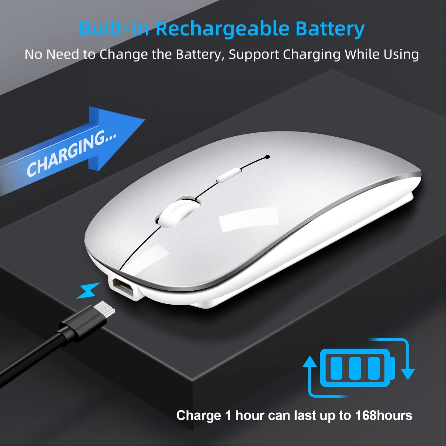 Wireless Mouse 2.4 GHz with USB Receiver for Laptop Computer Rechargeable Wireless Mouse Compatible with Apple MacBook Air/Pro, iPad, Mac, Chromebook, PC, with USB C Adapter (White Silver)