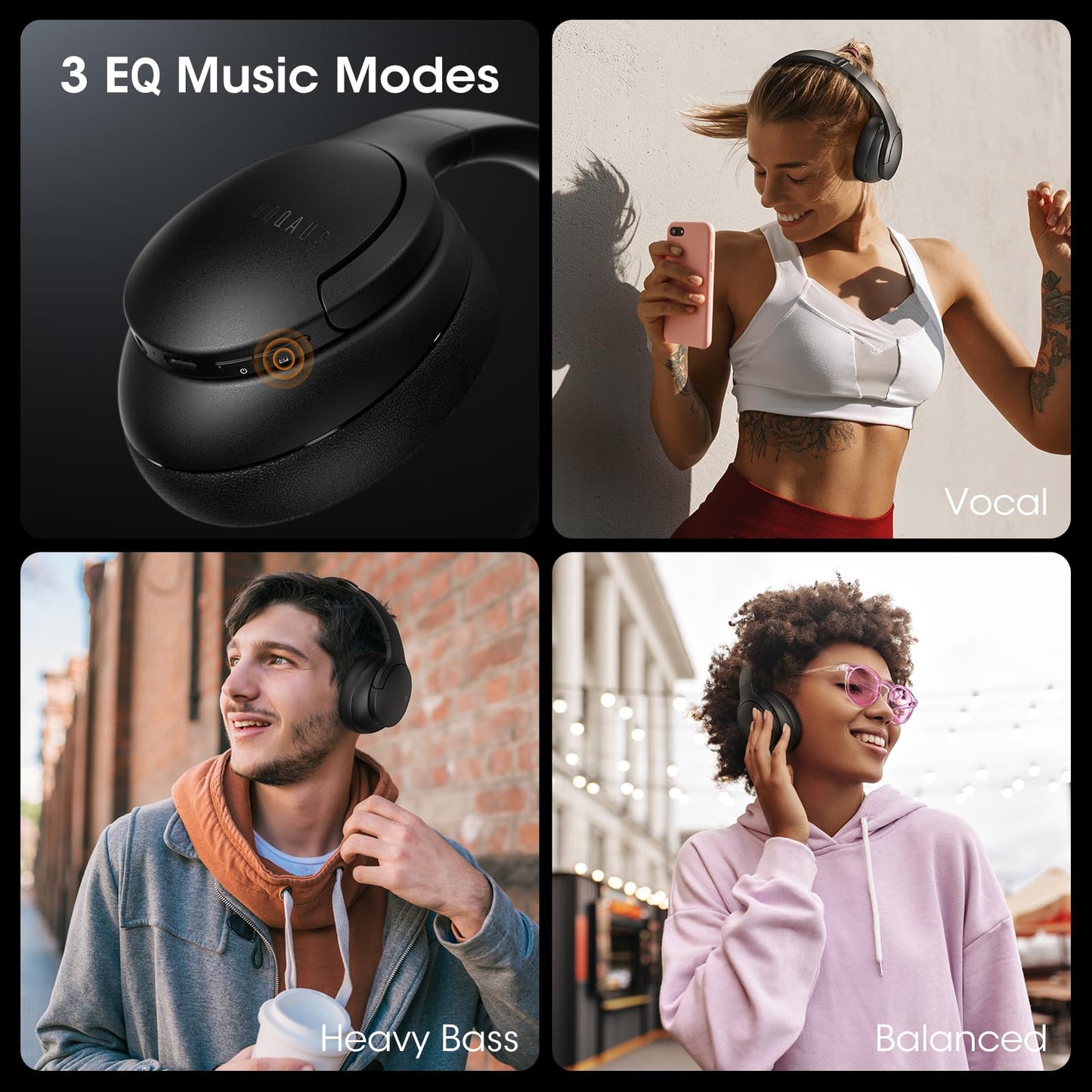 DOQAUS Bluetooth Headphones Over Ear, 90H Playtime Bluetooth5.3 Wireless Headphones, 3 EQ Mode, HiFi Stereo Bass Sound, Headphones Wireless(Black)