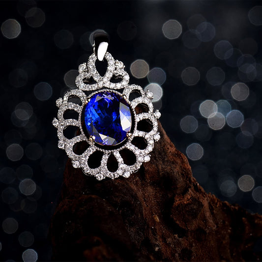 WHOIY Real Gold Jewellery White Gold 750 Women's Necklace, Hollow Flower Pendant Women's Necklace with Blue Tanzanite 4.1 Carat, Fine Women Jewellery, Birthday Gifts for Wife, White Gold