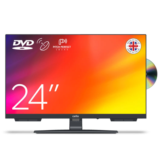 Cello C2424F 24 inch Full HD LED TV Built-in DVD Player Freeview Frameless TV HD Satellite Receiver Pitch Perfect Speakers Record Live TV with USB. DVD Player Perfect for Your Kitchen. UK Made