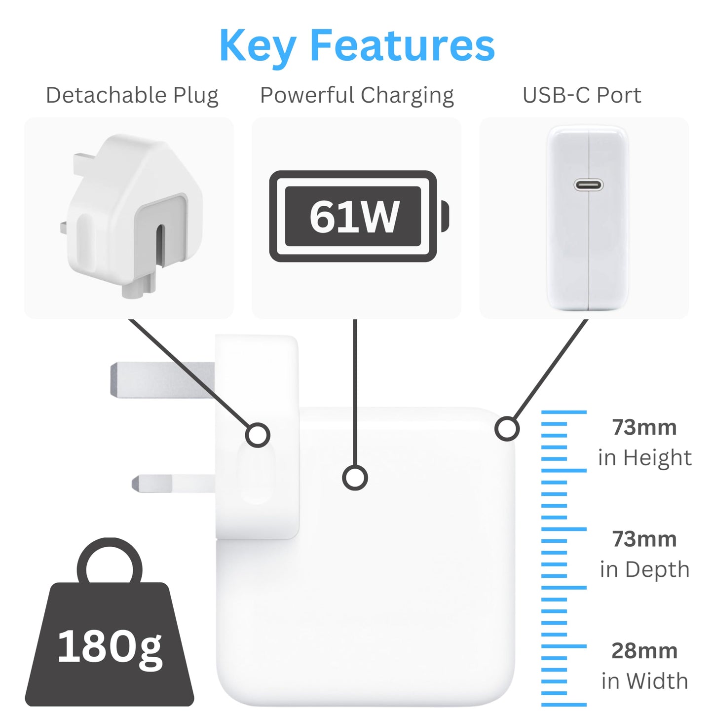 Chargevine® Mac Book Charger - 61W USB C Power Adapter with 6ft USB C Mac Charger Cable and Plug - Can be used as Mac Book Air or Pro