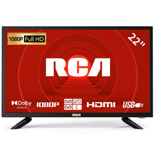 RCA 22 Inch FHD TV, Freeview DVB-T2-C-S2 Dolby Digital Audio 1080P TV, Full HD LED Backlighting Display, HDMI VGA PC Audio USB Record Media Player, Small TV for Small Lounge Kitchen