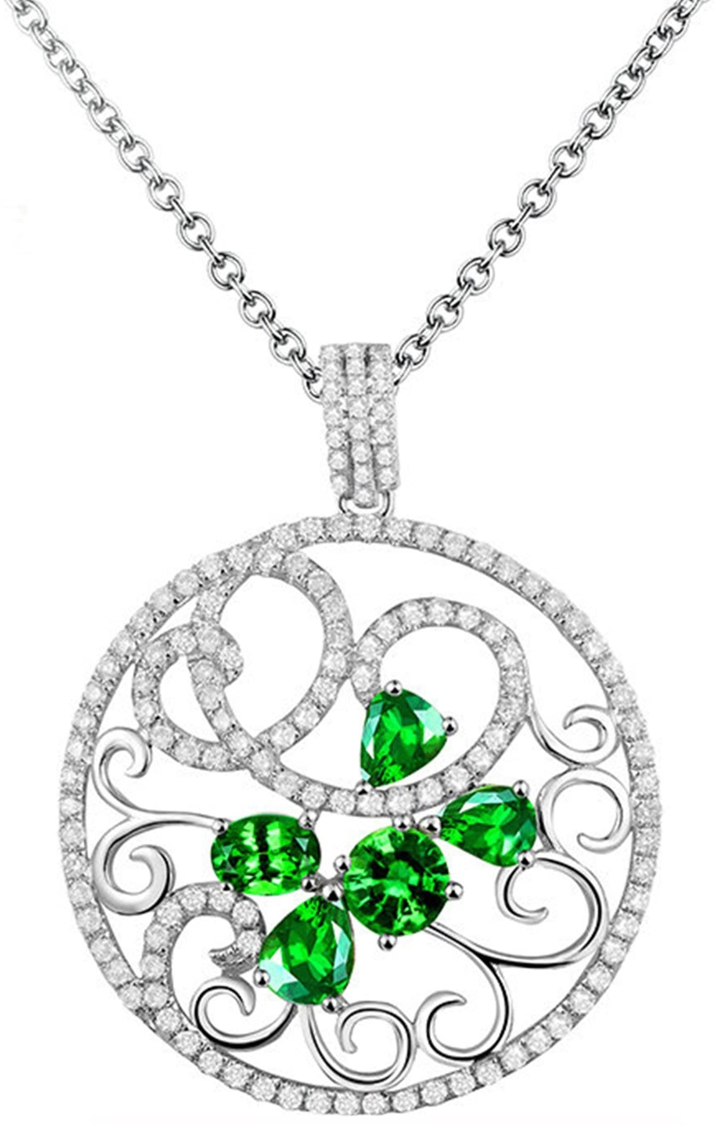 WHOIY Real Gold Jewellery White Gold 750 Women's Necklace Hollow Pendant Women's Necklace with Green Tsavorite 1.67 Carat Gift for Christmas White Gold