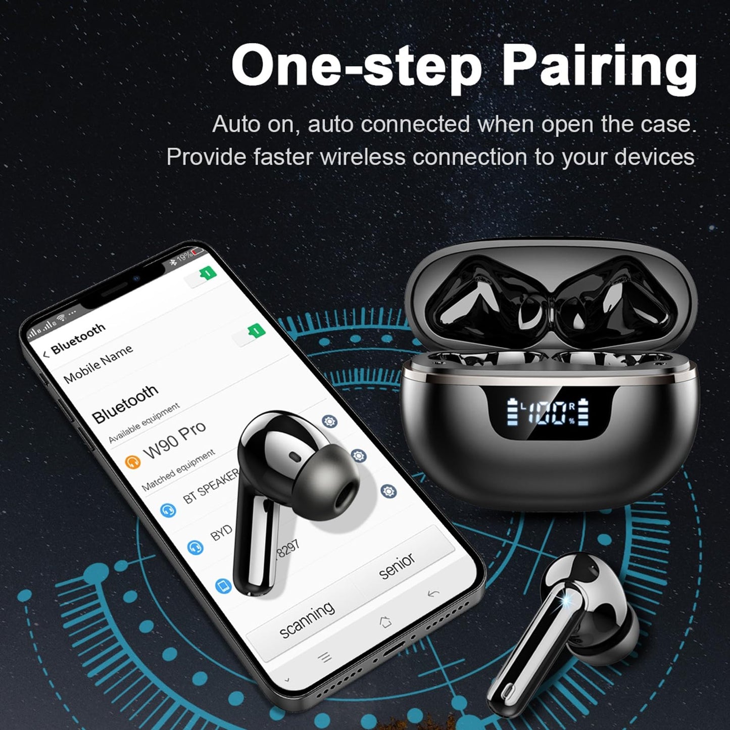 Wireless Earbuds, Bluetooth 5.4 Headphones with 4 ENC Noise Cancelling Microphone, Ear buds with HiFi Stereo Deep Bass, Bluetooth Earphones 40H Playtime LED Display, IP7 Waterproof Touch Control
