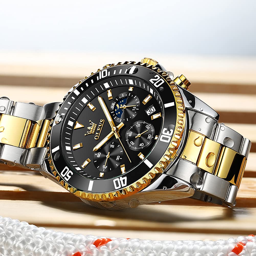 OLEVS Green Dial Watches for Men Fashion Analog Quartz Waterproof Chronograph Gold Silver Stainless Steel Watch Business Classic Luxury Big Face Luminous Multifunction Men Wristwatches (1)
