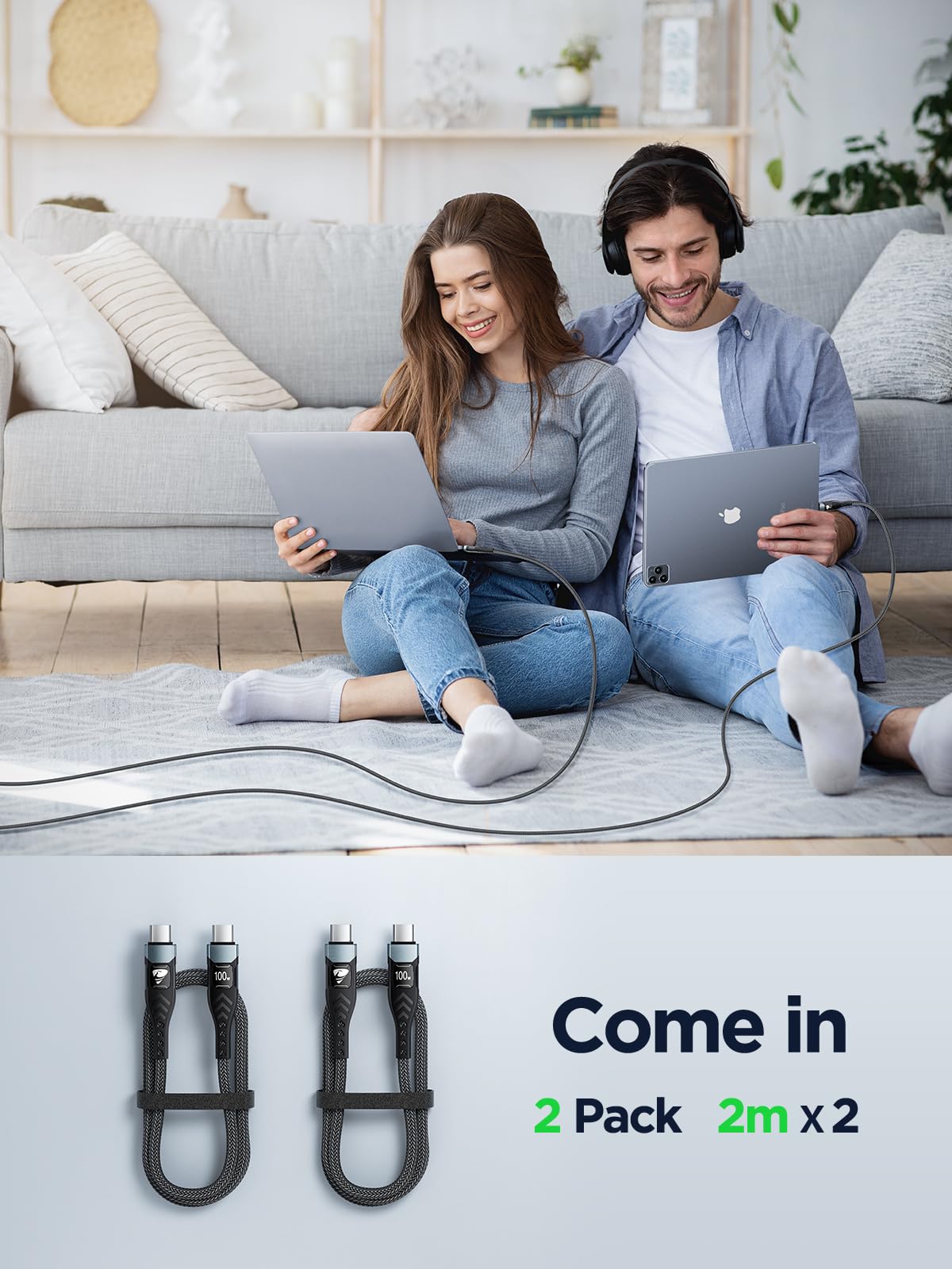 Aioneus USB C to USB C, 100W 5A Fast Charging Cable [2Pack/2M] USB Type C Charger Fast Charge Lead Usbc to Usbc Cable for iPhone 15 16 Pro Max Plus iPad Pro MacBook Samsung Galaxy S23 S22 S24 Ultra