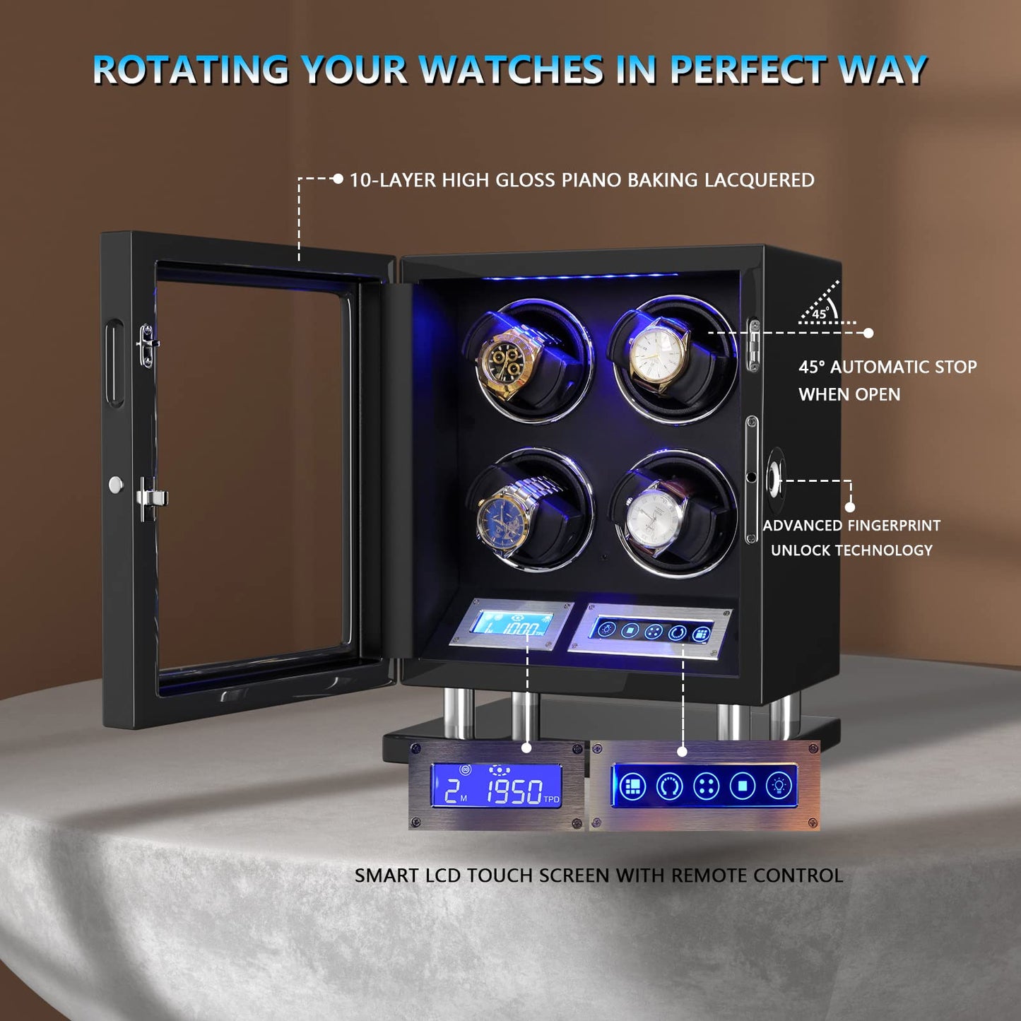 DUKWIN Watch Winder, Watch Winders for 4 Watches Fingerprint Lock Automatic Watch Winder with LCD Remote Control, Blue LED Light, Japanese Quiet Motor