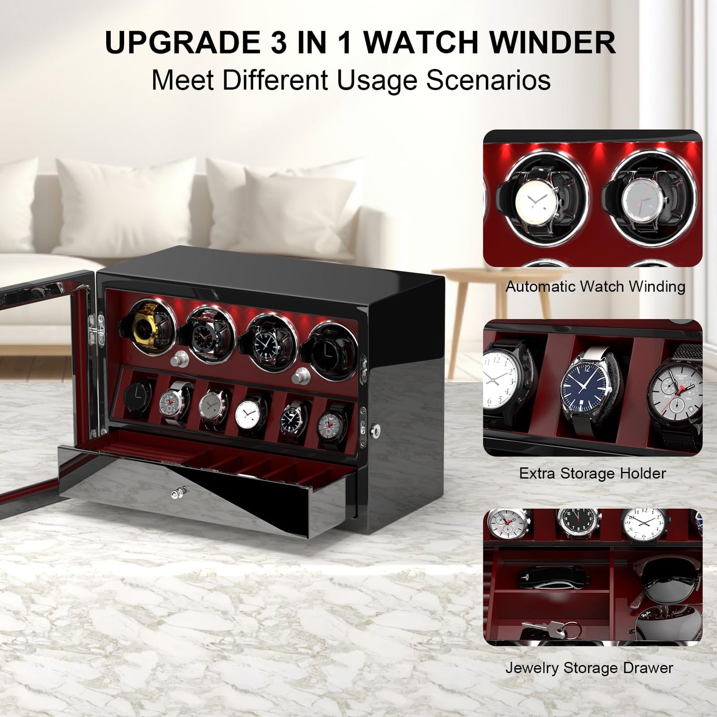 DUKWIN Watch Winder for 2/4/6/8 Automatic Watches,Lockable Watch Winders with Watch and Jewelry Storages, Super Quiet Mabuchi Motor with High-Gloss Piano Lacquer Finish,Built-in Illumination