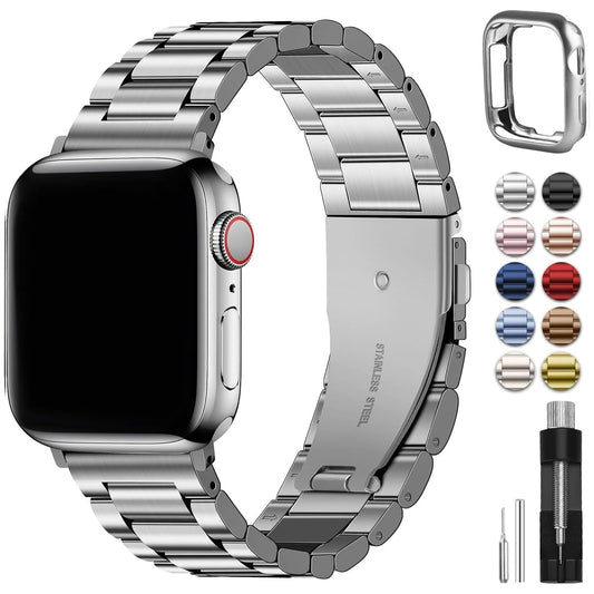 Fullmosa Compatible with Apple Watch Straps 44mm 46mm 45mm 42mm 49mm, Metal Stainless Steel Replacement Bands for iWatch Ultra 2/Ultra/SE/Series 10/9/8/7/6/5/4/3/2/1, Silver & Protective Case