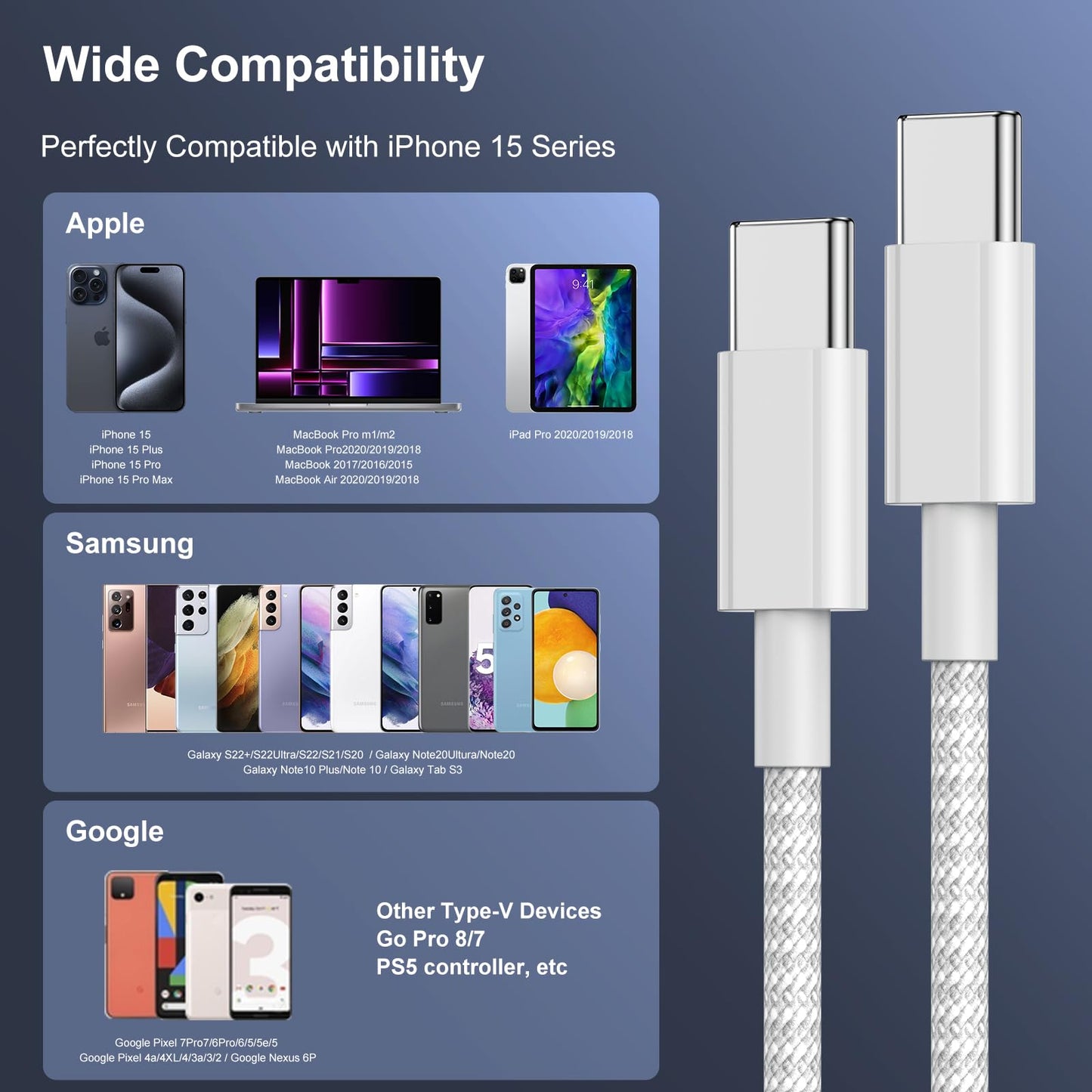 Apple 60W USB C to USB C Charger Cable [2Pack] 1M Type C Charging Cable Cord Fast Charging USBC to USBC Cable for iPhone 16/15 Pro Plus Pro Max,Samsung Galaxy S23,iPad Pro/Air/Mini,MacBook Air