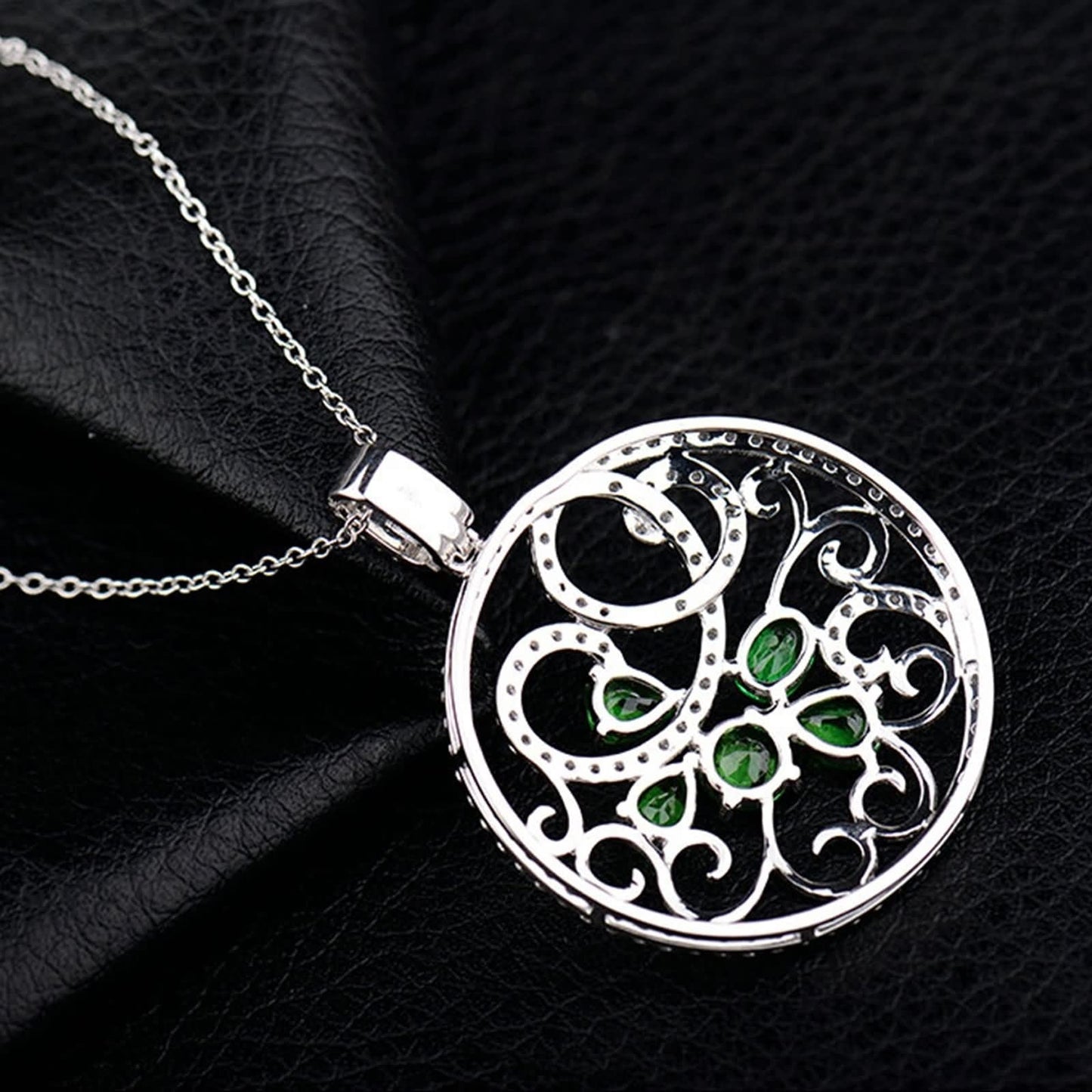 WHOIY Real Gold Jewellery White Gold 750 Women's Necklace Hollow Pendant Women's Necklace with Green Tsavorite 1.67 Carat Gift for Christmas White Gold