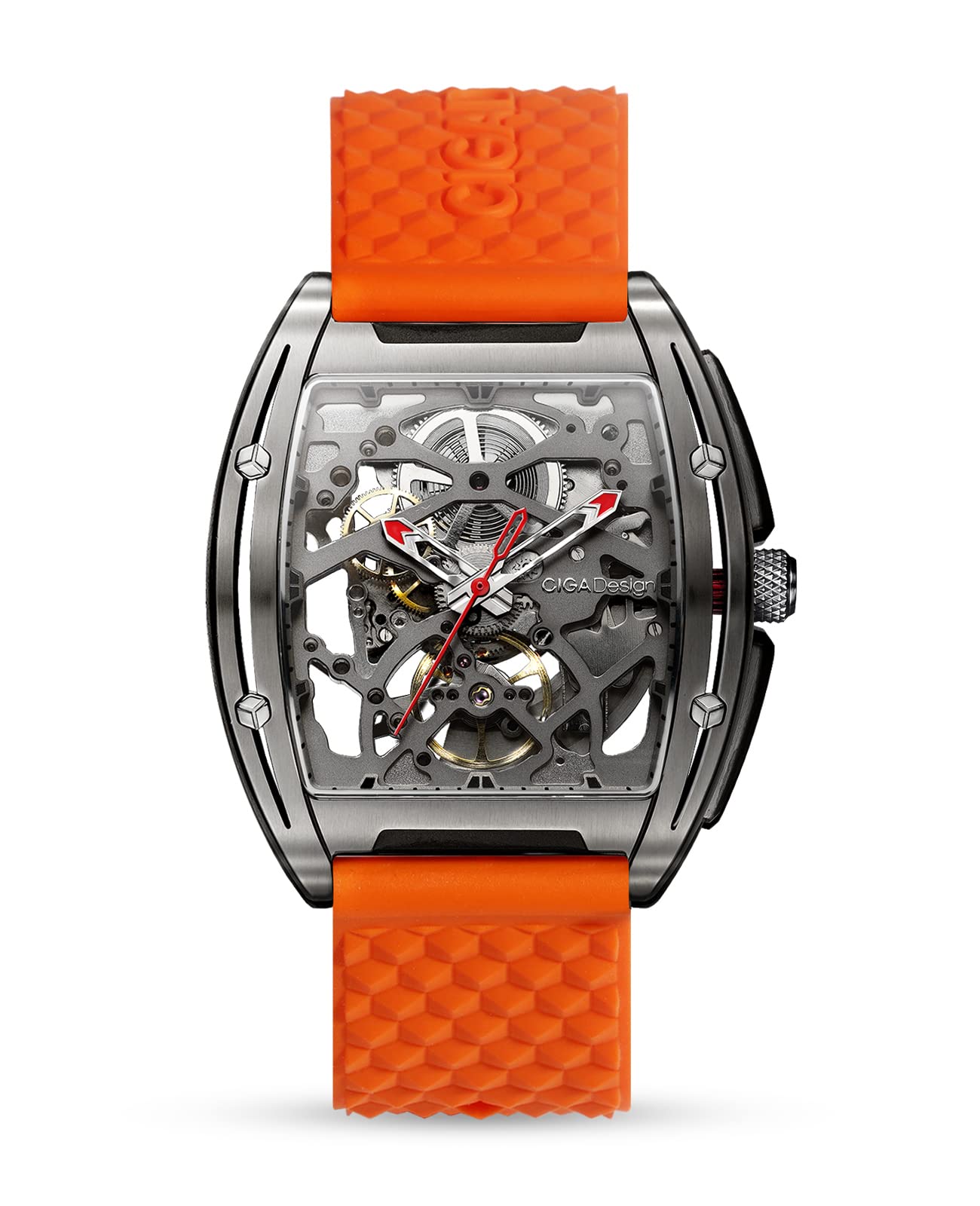 CIGA Design Automatic Mechanical Watch - Z Series Skeleton Titanium Analog Wristwatch Tonneau Sapphire Crystal for Men with Leather and Silicone Strap(Orange)