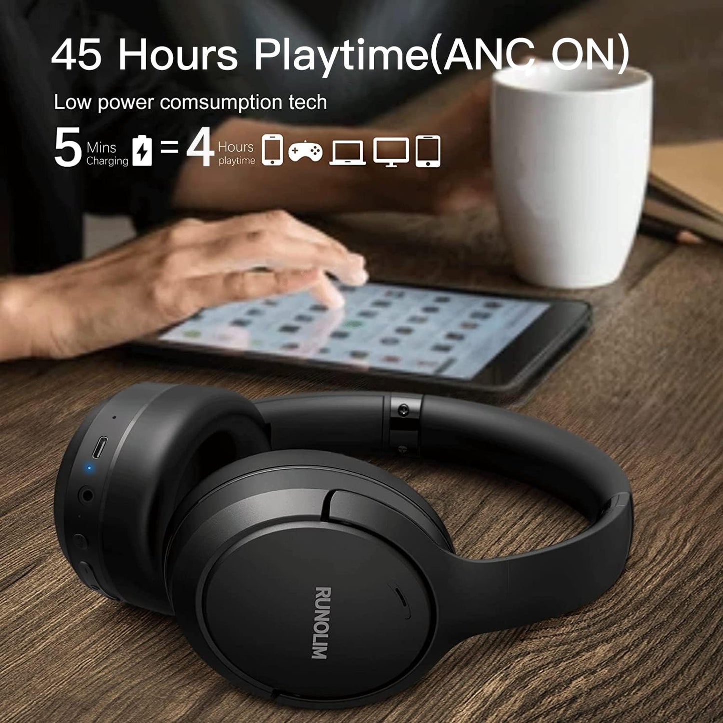 RUNOLIM Hybrid Active Noise Cancelling Headphones, Wireless Over Ear Bluetooth Headphones with Microphone, 70H Playtime, Foldable Wireless Headphones with HiFi Audio, Deep Bass for Home Travel Office
