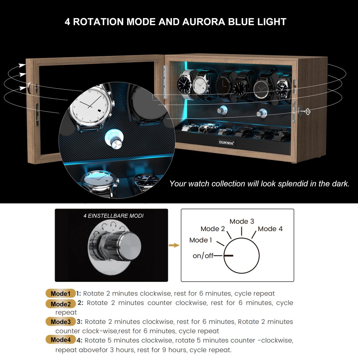 DUKWIN Watch Winder for 6/8 Automatic Watches, Lockable Automatic Winders with Extra 6/4 Watch Storages, 4 Rotation Modes, Flexible Watch Pillows, Quiet Mabuchi Motor and Blue Backlight