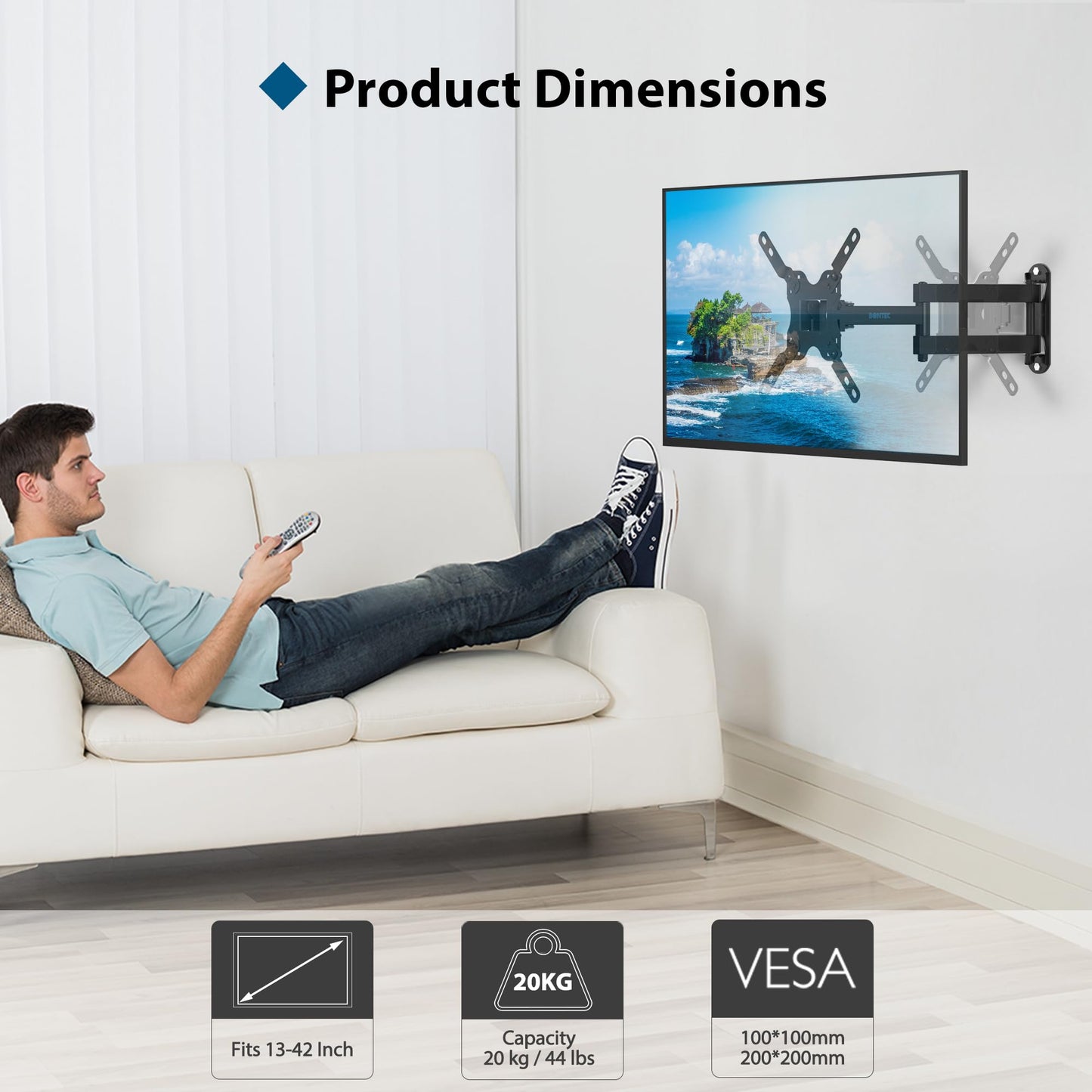 BONTEC TV Wall Bracket for Most 13-42 Inch LED LCD TVs, Tilt, Swivel and 360°Rotation Monitor Wall mount with Max VESA 200x200mm, up to 20kgs, with Safety Screws, Bubble Level, Cable Ties included