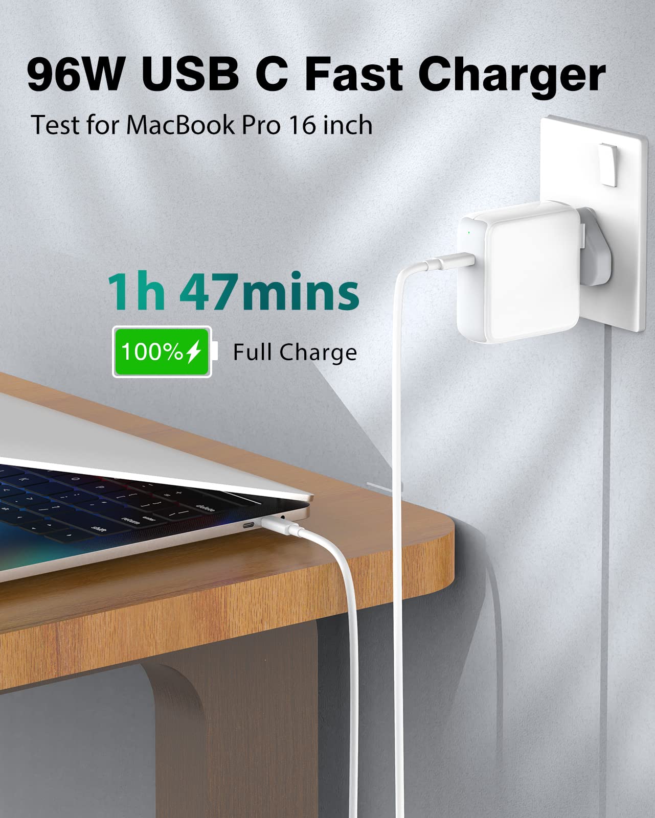 96W Mac Charger Compatible with MacBook Air MacBook Pro 13 14 15 16 inch 2024 2023 2022 2021 2020, M1 M2 M3 Mac Laptop, iPad M4 M2, Type C Fast Power Adapter with 2M/6.6FT MacBook Charger Cable USB C
