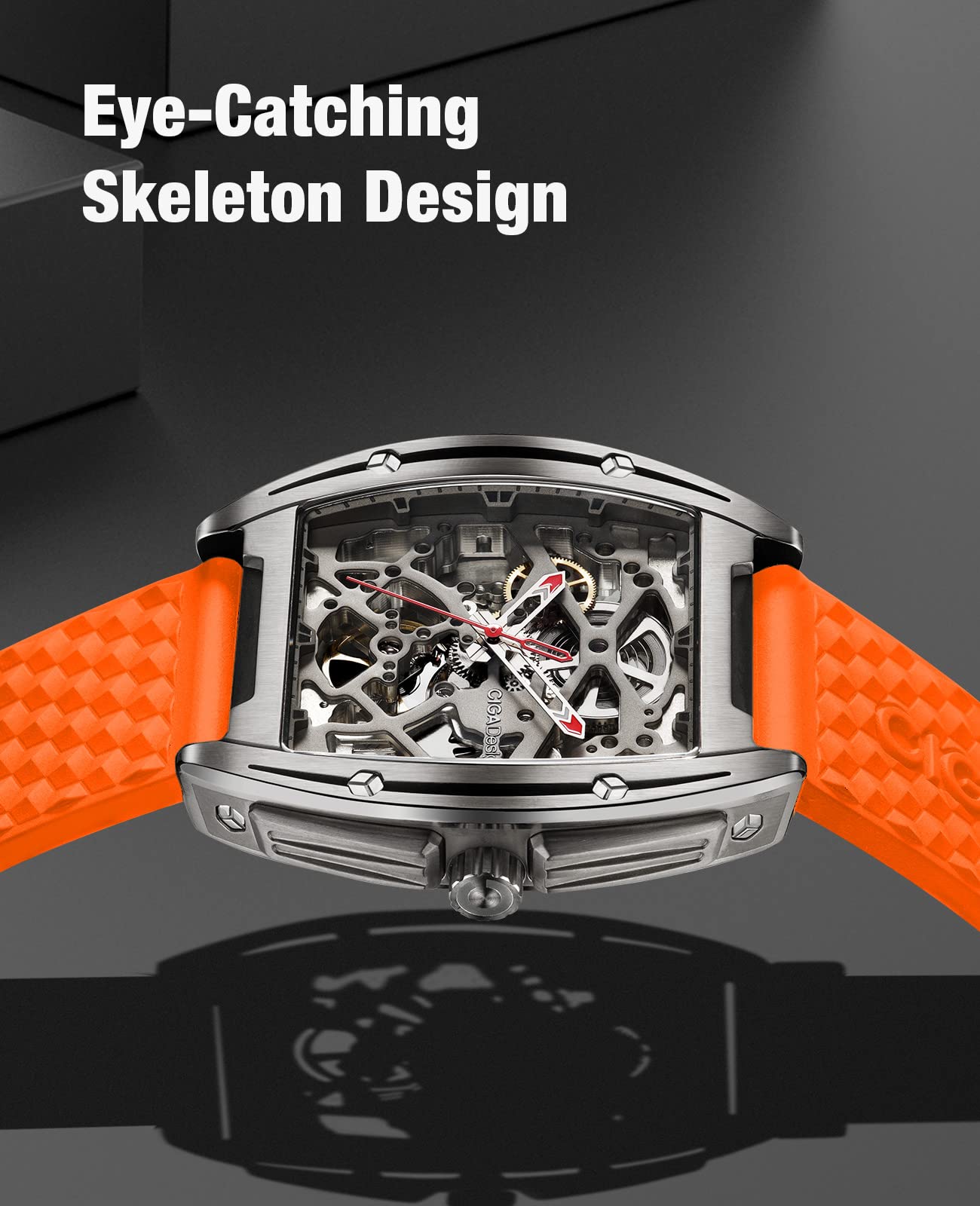 CIGA Design Automatic Mechanical Watch - Z Series Skeleton Titanium Analog Wristwatch Tonneau Sapphire Crystal for Men with Leather and Silicone Strap(Orange)