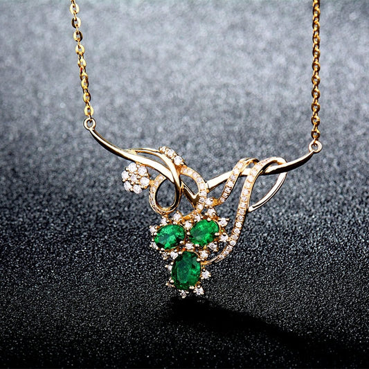 WHOIY Real Gold Jewellery Yellow Gold 18K Women's Necklace, Flower Unique Chain Long Women with Pendant with Green Emerald 1.59 ct, Fine Women Jewellery, Jewellery Birthday Gifts for Wife, Gold