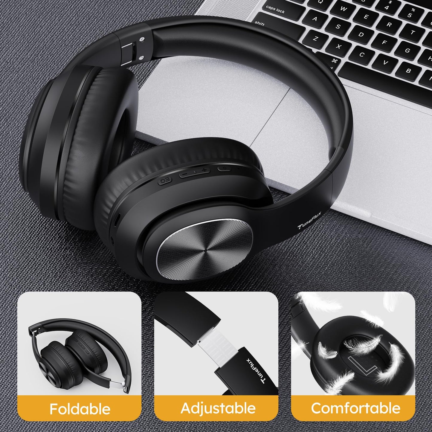 TuneFlux Wireless Bluetooth Headphones Over Ear, 80H Playtime, 3EQ Sound Modes, HiFi Stereo Headphones with Deep Bass Microphone, Foldable Bluetooth 5.3 Headsets-Black