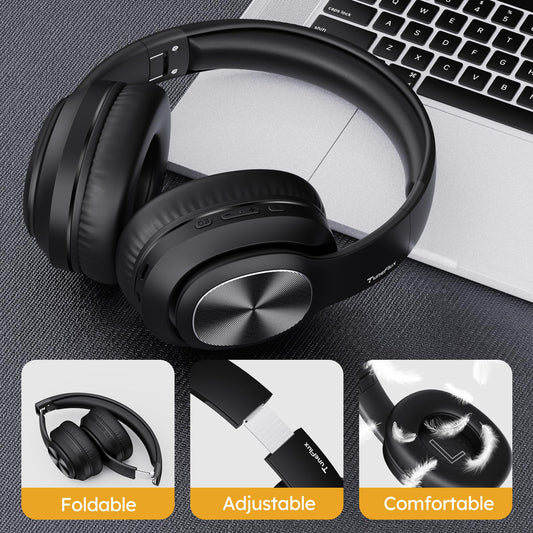 TuneFlux Wireless Bluetooth Headphones Over Ear, 80H Playtime, 3EQ Sound Modes, HiFi Stereo Headphones with Deep Bass Microphone, Foldable Bluetooth 5.3 Headsets-Black