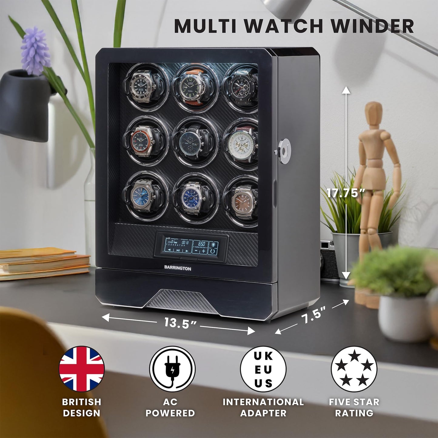 BARRINGTON Automatic Watch Winder for 9 Watches in Black Premium Watch Winder Box with a Super Quiet Motor Stylish LED Digital Display Watch Organiser