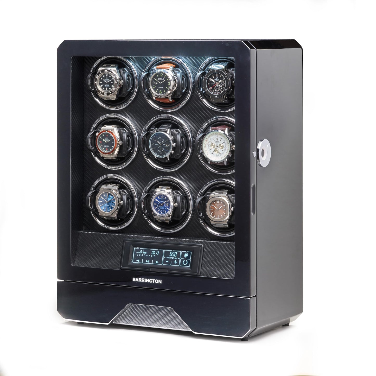 BARRINGTON Automatic Watch Winder for 9 Watches in Black Premium Watch Winder Box with a Super Quiet Motor Stylish LED Digital Display Watch Organiser