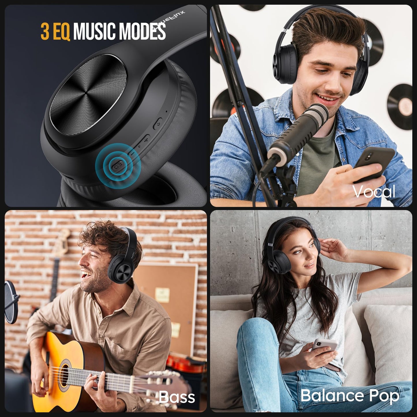 TuneFlux Wireless Bluetooth Headphones Over Ear, 80H Playtime, 3EQ Sound Modes, HiFi Stereo Headphones with Deep Bass Microphone, Foldable Bluetooth 5.3 Headsets-Black