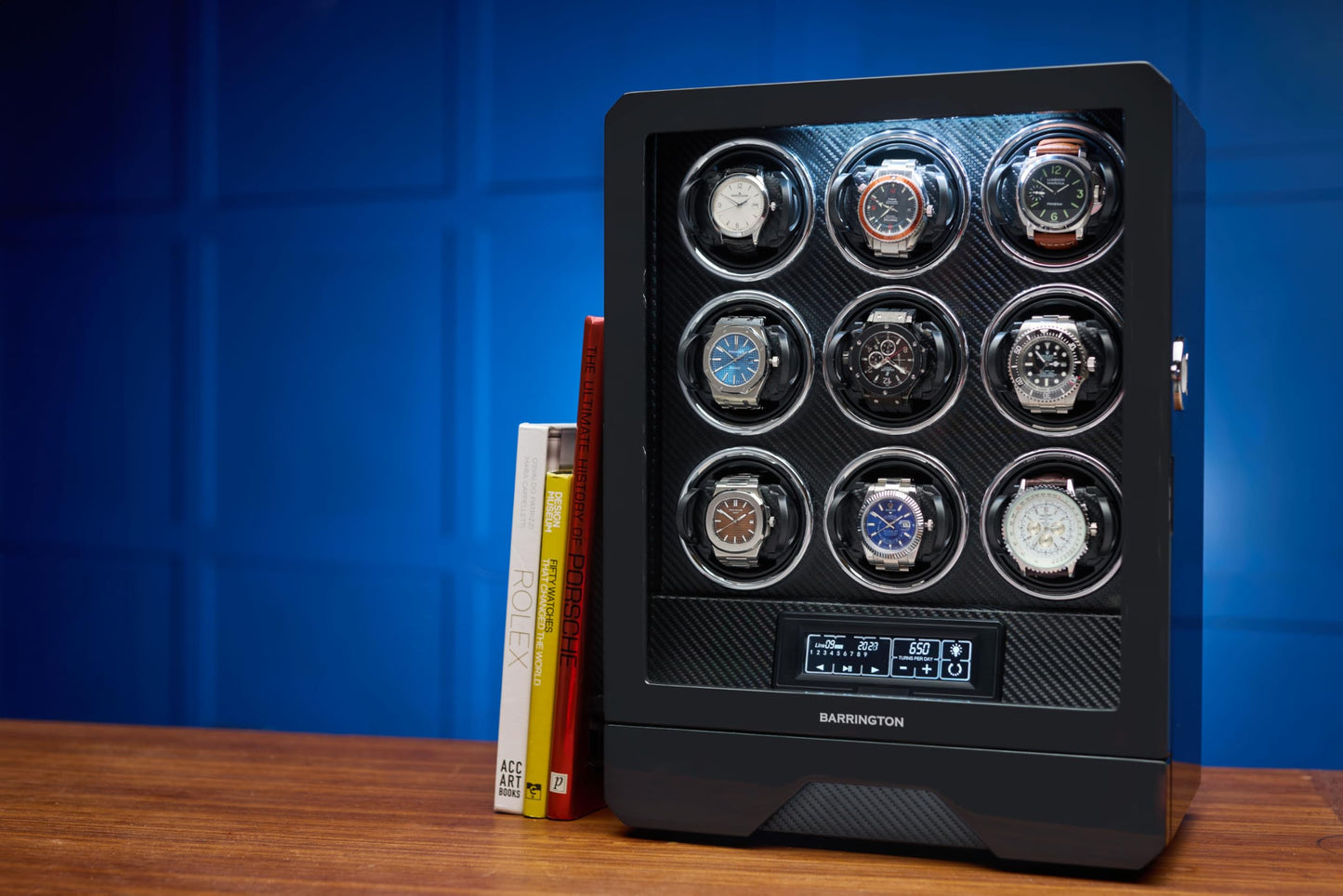 BARRINGTON Automatic Watch Winder for 9 Watches in Black Premium Watch Winder Box with a Super Quiet Motor Stylish LED Digital Display Watch Organiser