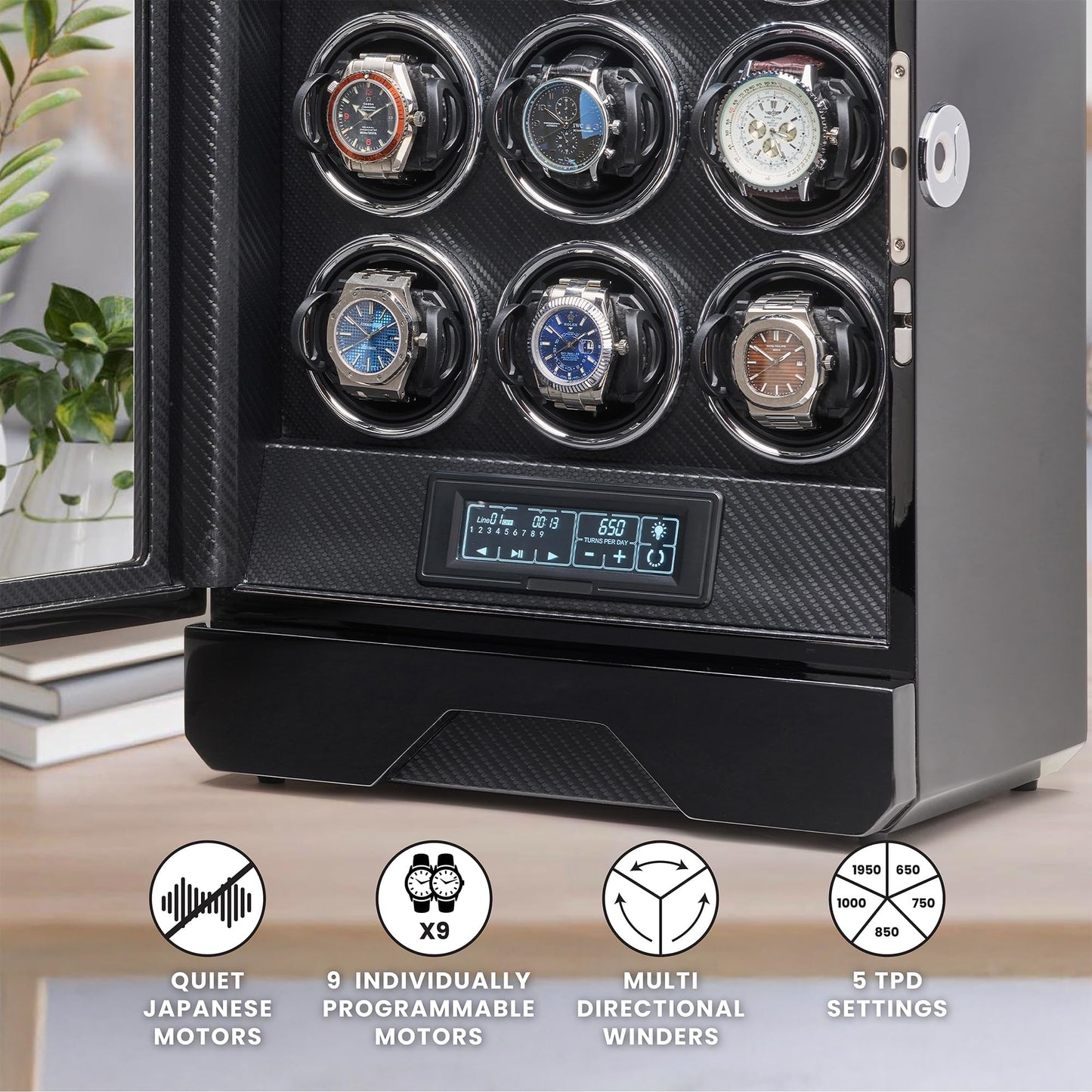 BARRINGTON Automatic Watch Winder for 9 Watches in Black Premium Watch Winder Box with a Super Quiet Motor Stylish LED Digital Display Watch Organiser